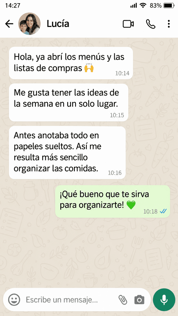 Conversación de WhatsApp: Lucía cuenta que le resulta más sencillo organizar las comidas de la semana.